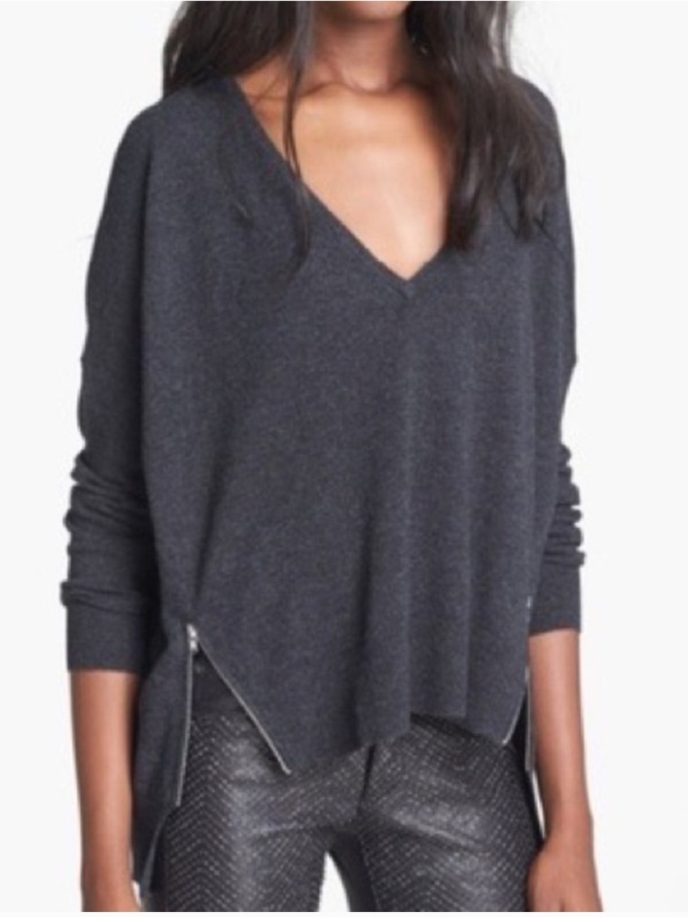 Autumn Cashmere Pure Cashmere V Neck Side Double Zipper Sweater Size L Purple